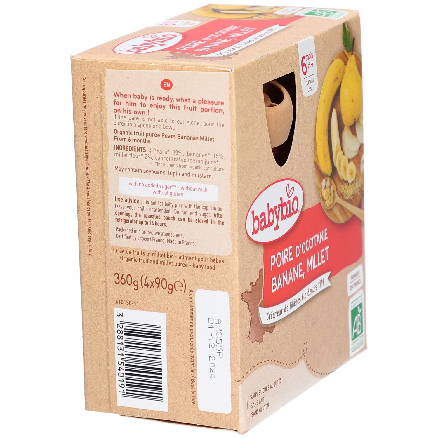 Karton Babybio-Produkt. Aufdruck: Birne, Banane, Hirse. Zutatenliste. Ab 6 Monaten.