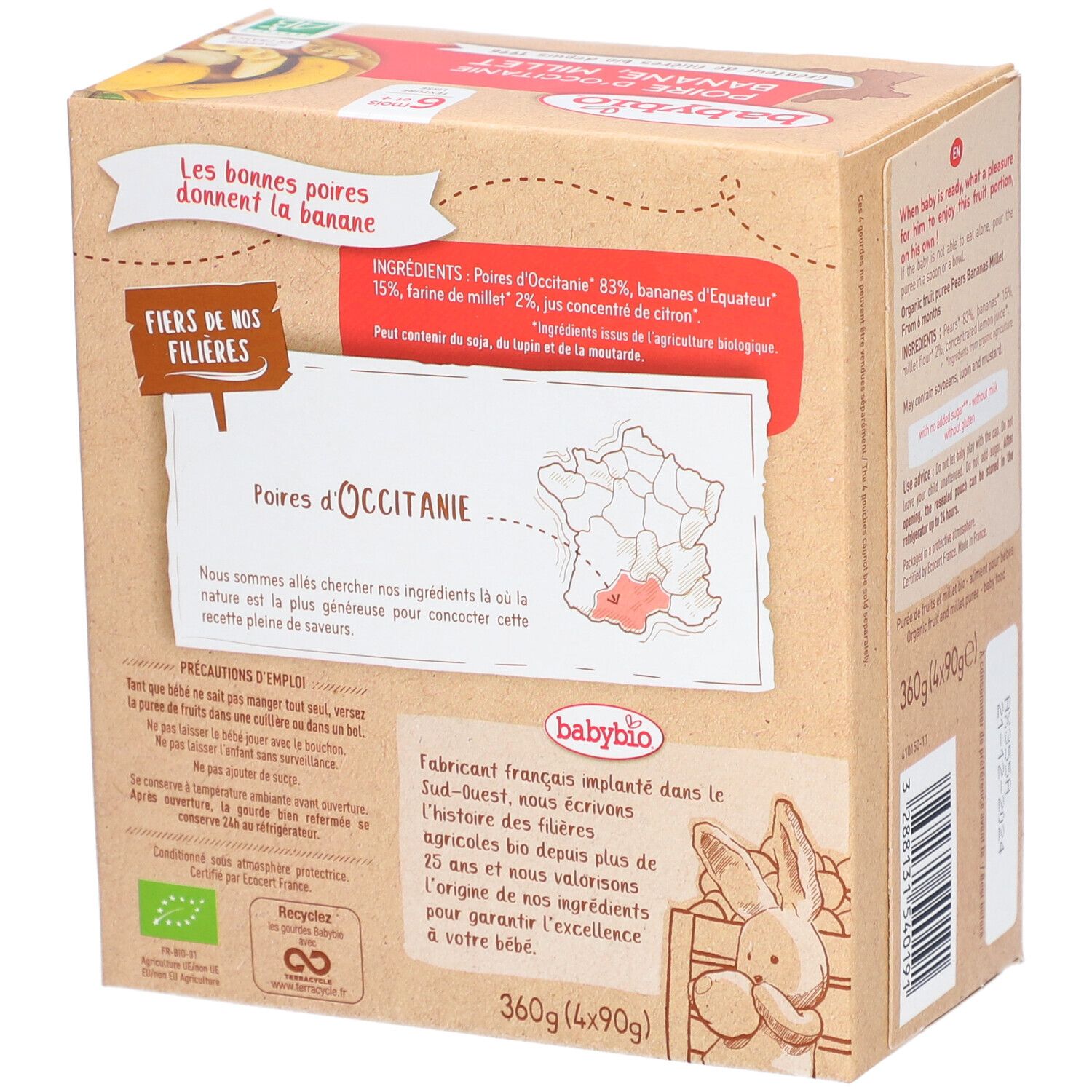 Karton Babybio-Produkt. Aufdruck: Birne, Banane, Hirse. Bio-Siegel. Ab 6 Monaten.
