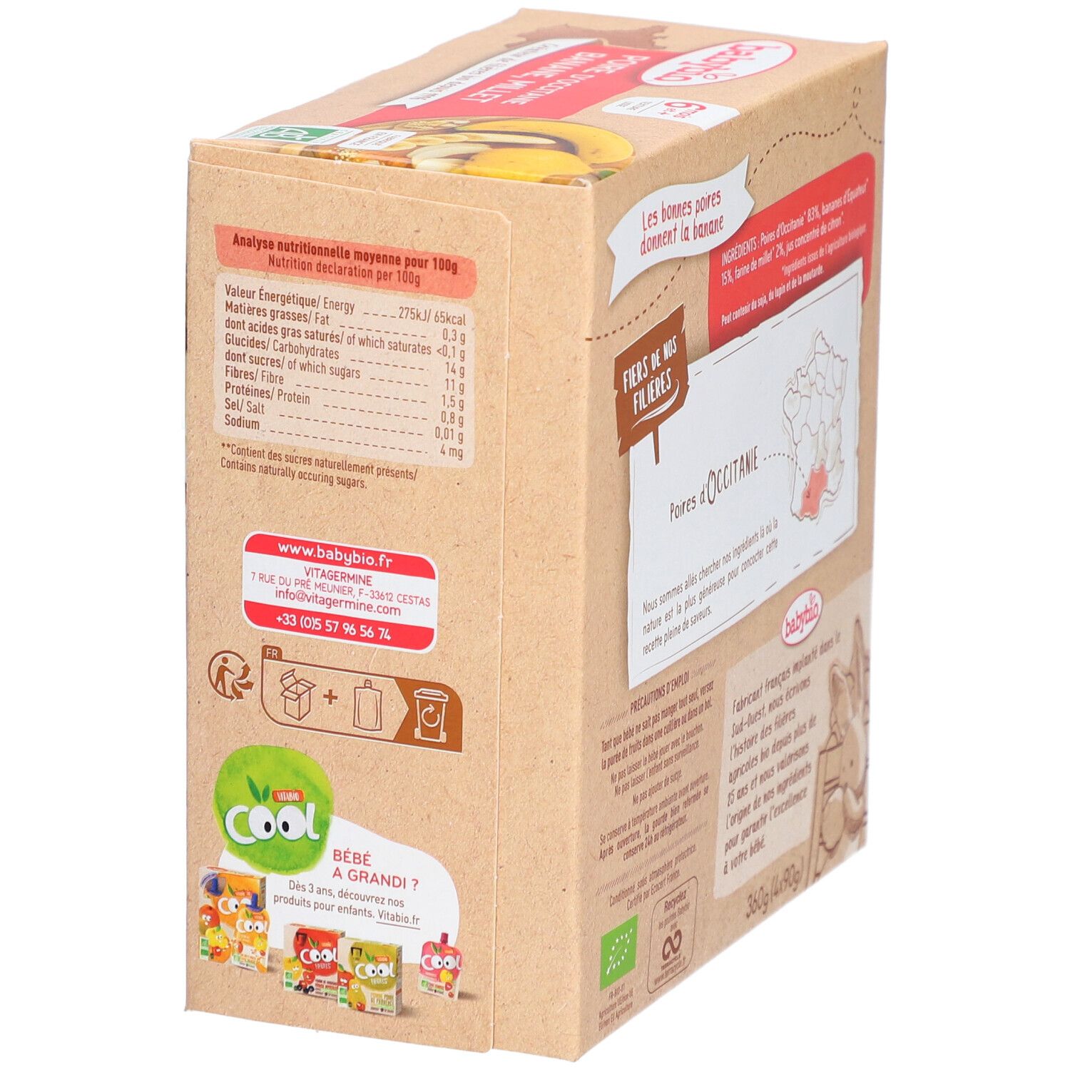 Karton Babybio-Produkt. Aufdruck: Birne, Banane, Hirse. Nährwertangaben. Ab 6 Monaten.