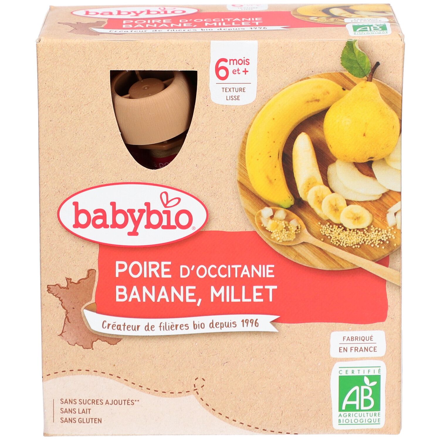 Karton Babybio-Produkt. Aufdruck: Birne, Banane, Hirse. Bio-Siegel. Ab 6 Monaten.