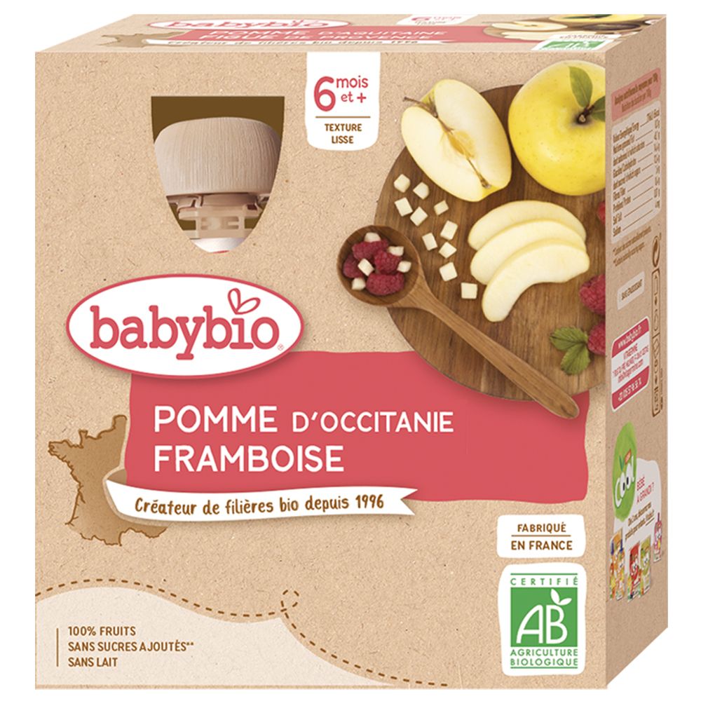Boîte Babybio avec logo et nom du produit. Illustration pomme et framboise. Label AB bio.