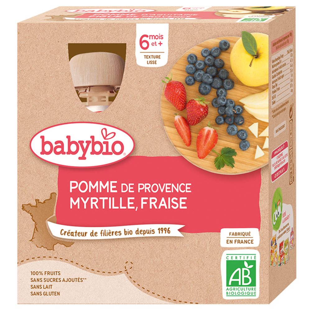 Verpackung mit Babybio-Produkt. Aufdruck: POMME DE PROVENCE MYRTILLE, FRAISE. Bio-Siegel. Ab 6 Monaten.