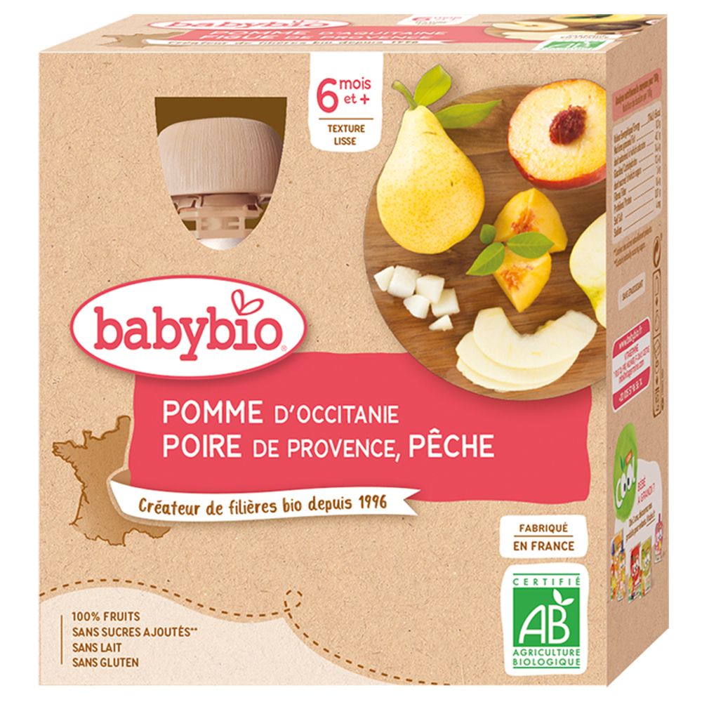 Babybio-Produktverpackung. Aufdruck: POMME D'OCCITANIE POIRE DE PROVENCE PÊCHE. Bio-Siegel. Ab 6 Monaten.