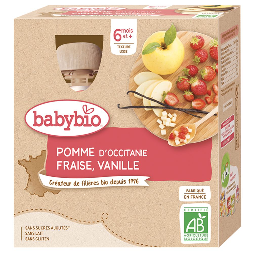 Boîte Babybio. Inscription: Pomme de Provence, Fraise, Vanille. Label AB. Pour 6 mois et plus.