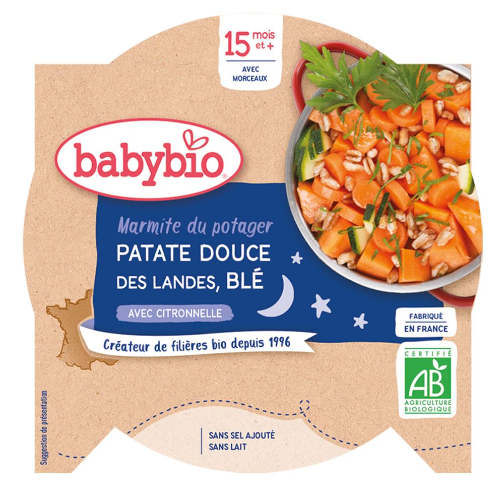 Verpackung mit Babybio-Produkt. Aufschrift: Marmite du potager Patate Douce des Landes, Blé, ab 15 Monate. AB-Siegel.