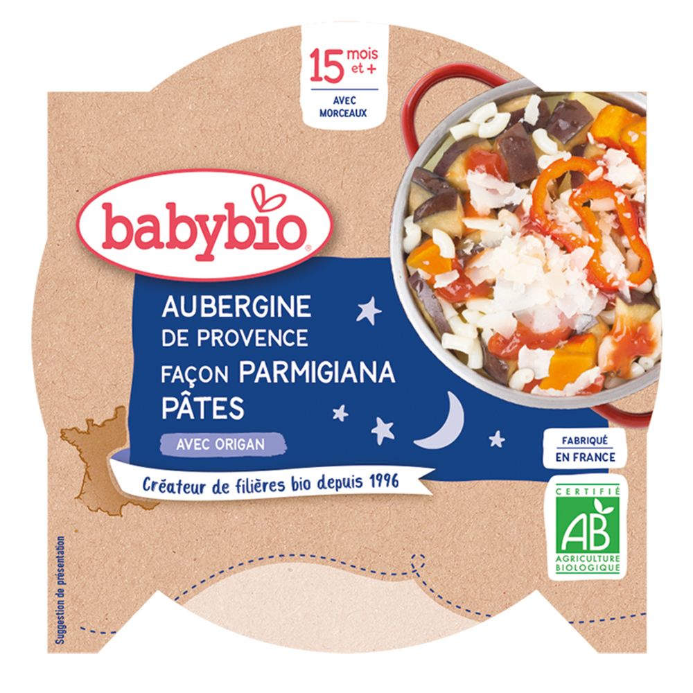 Emballage Babybio. Aubergine de Provence façon Parmigiana, pâtes, origan. Certification bio. Dès 15 mois.