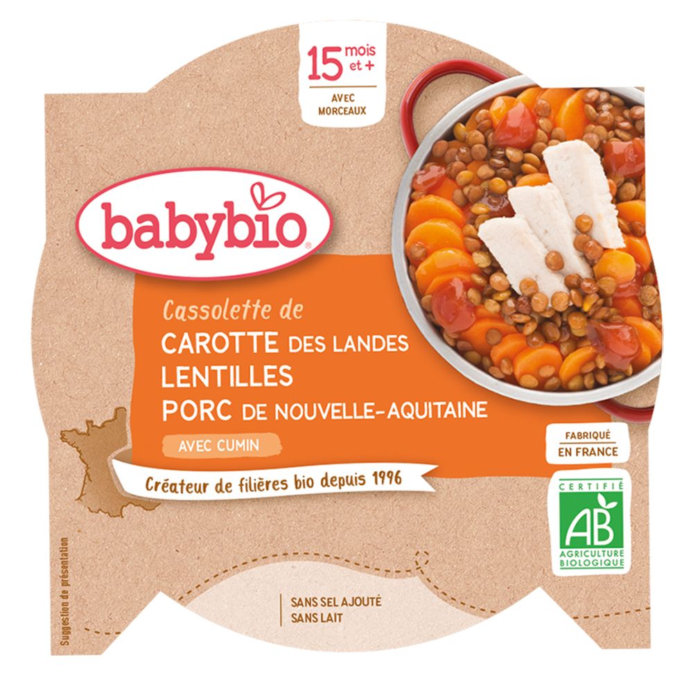 Babybio Cassolette DE Carotte DES Landes Lentilles Porc DE Nouvelle-Aquitaine AU Cumin dès 15 mois