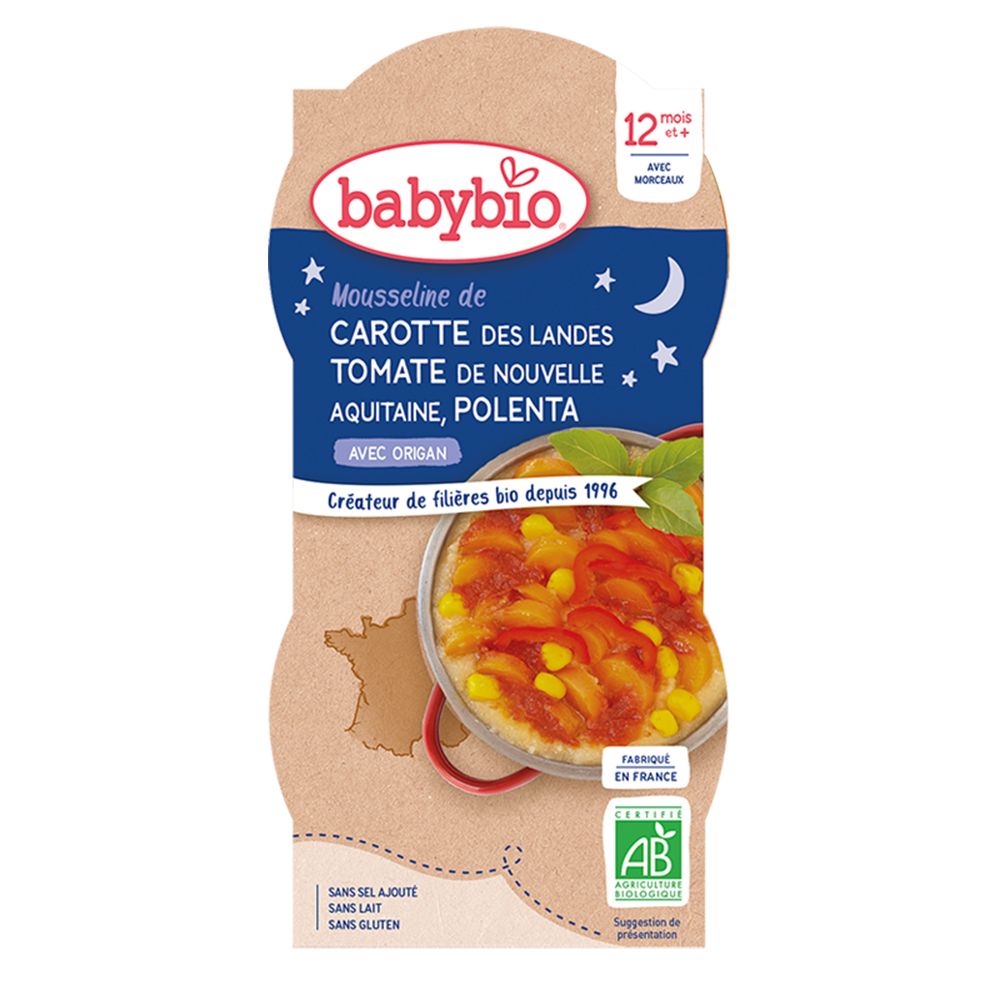 Babybio Mousseline DE Carotte DES Landes Tomate DE Nouvelle-Aquitaine Polenta Origan dès 12 mois