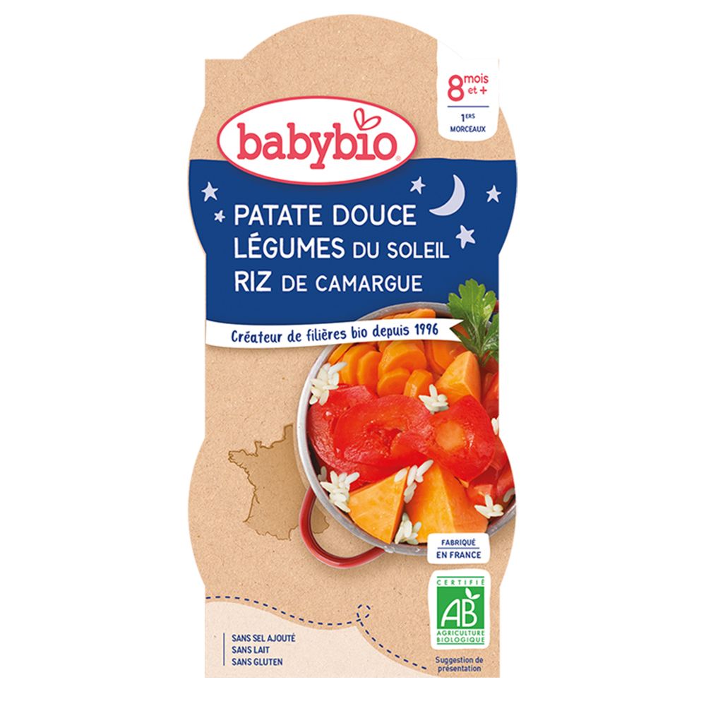 Babybio-Produkt. Kartonverpackung mit Produktabbildung. Text: PATATE DOUCE LÉGUMES DU SOLEIL RIZ DE CAMARGUE. Bio-Siegel.
