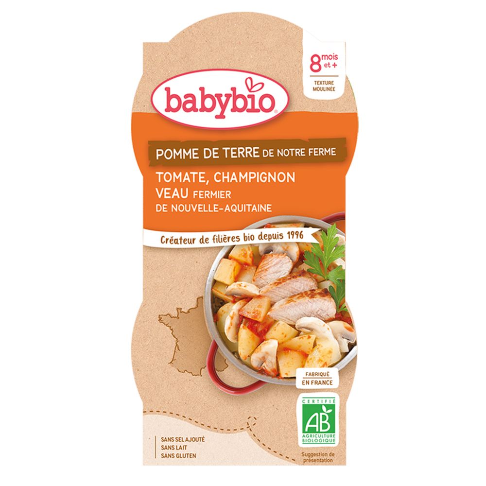 Emballage Babybio. Inscription: Pomme de Terre, Tomate, Champignon, Veau Fermier. Certification bio. Dès 8 mois.
