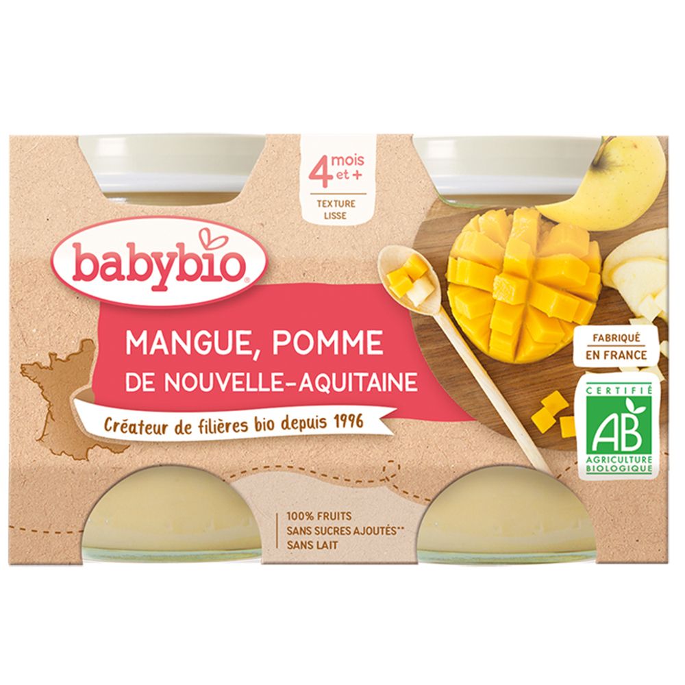 Babybio, mangue pomme, 4 mois et +. 4 pots en carton. Certifié AB. Texture lisse. Fabriqué en France.