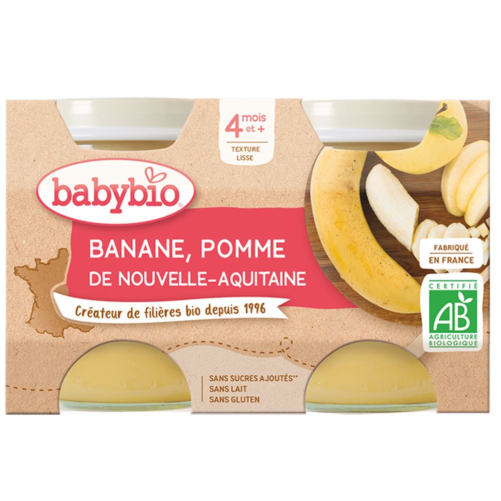 Babybio Banane, Pomme de Nouvelle-Aquitaine, 4 mois et +. Sans sucres ajoutés, sans lait, sans gluten. Certifié AB.