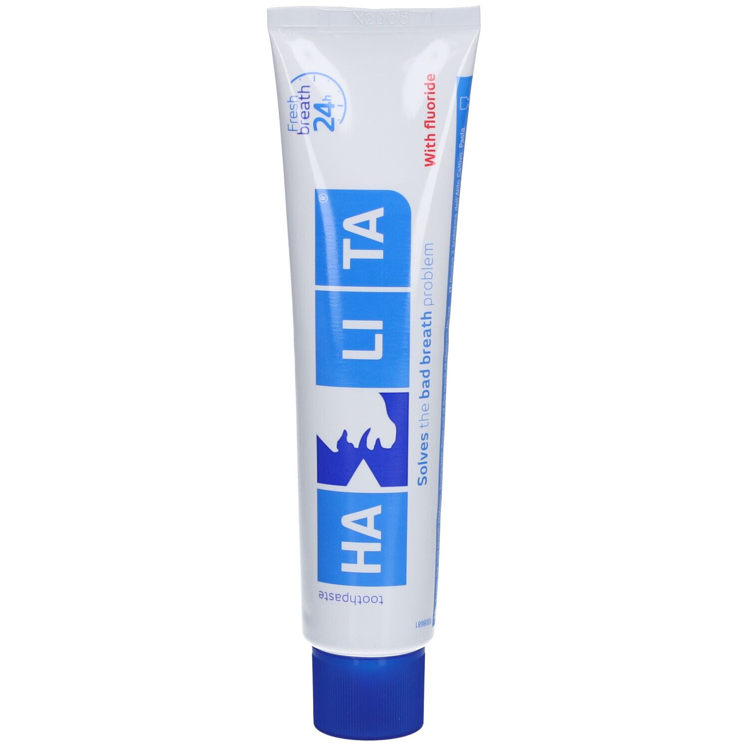 Tube de dentifrice blanche et bleue. Inscription HALITA, avec fluor. Résout les problèmes de mauvaise haleine. Bouchon bleu. Haleine fraîche 24h.