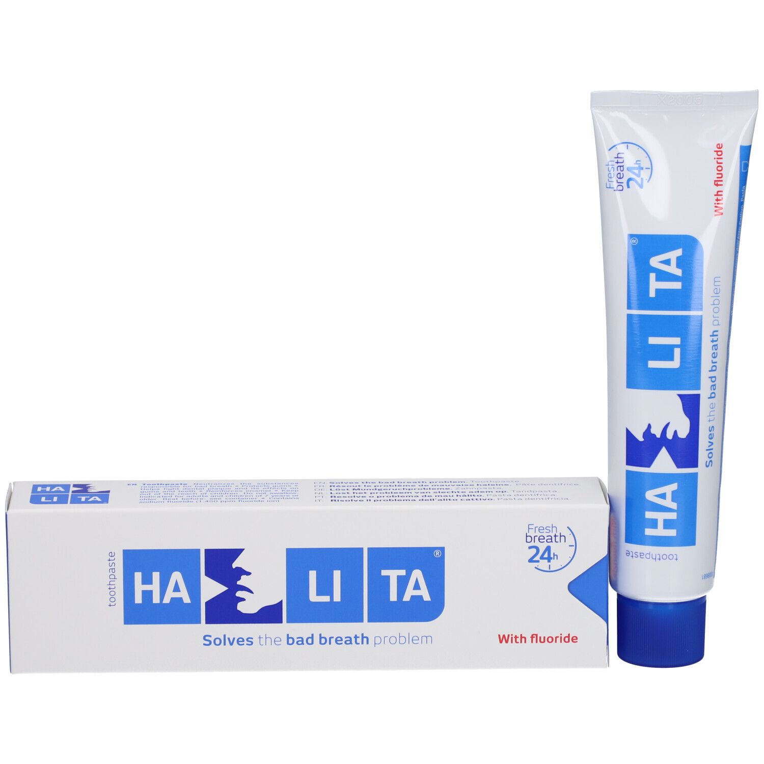 Tube et boîte de dentifrice. Tube : blanc-bleu, inscription HALITA, avec fluor. Boîte : blanc-bleu, inscription HALITA. Résout la mauvaise haleine.