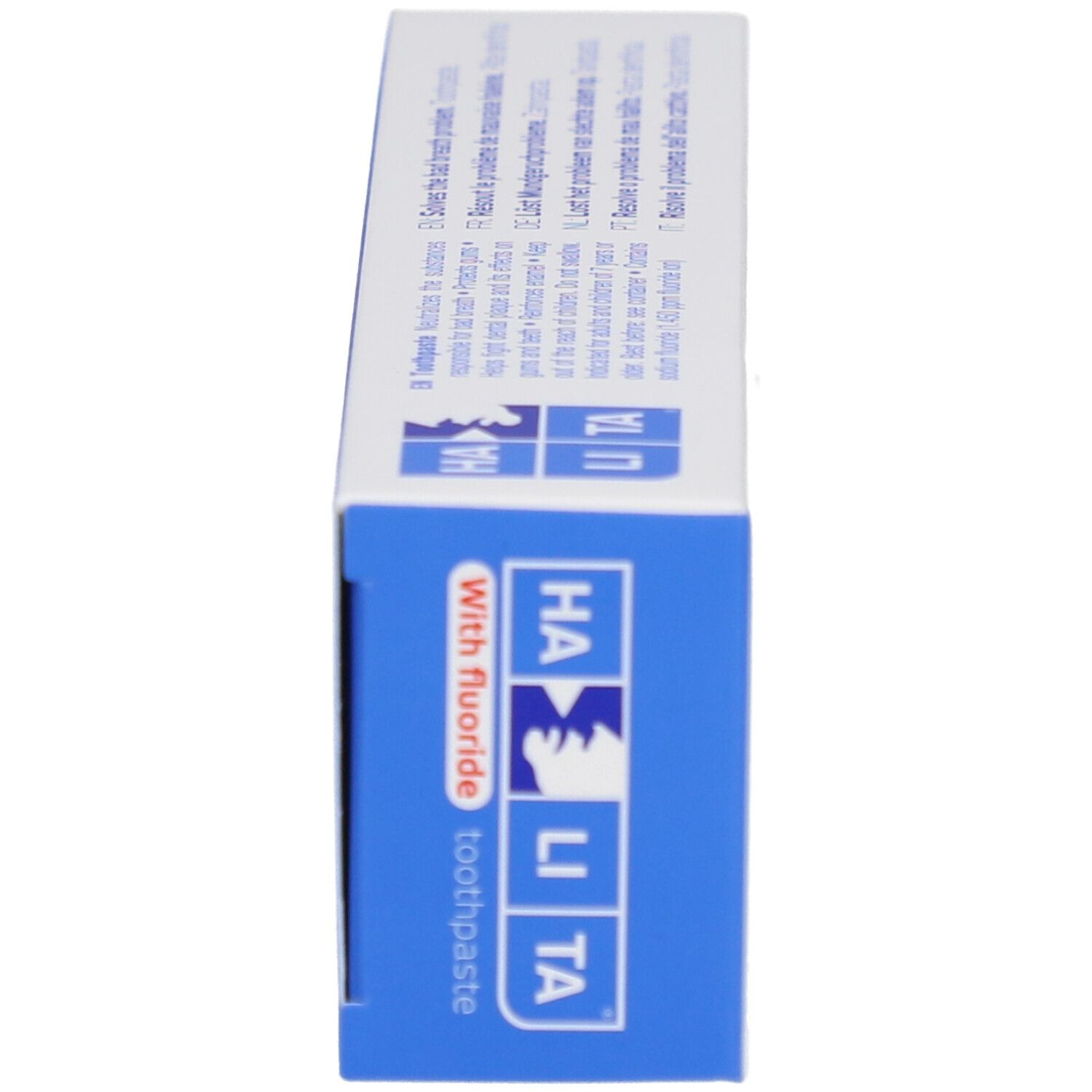 Boîte de dentifrice, vue latérale. Inscription HALITA, avec fluor. Texte et logos sur fond bleu.