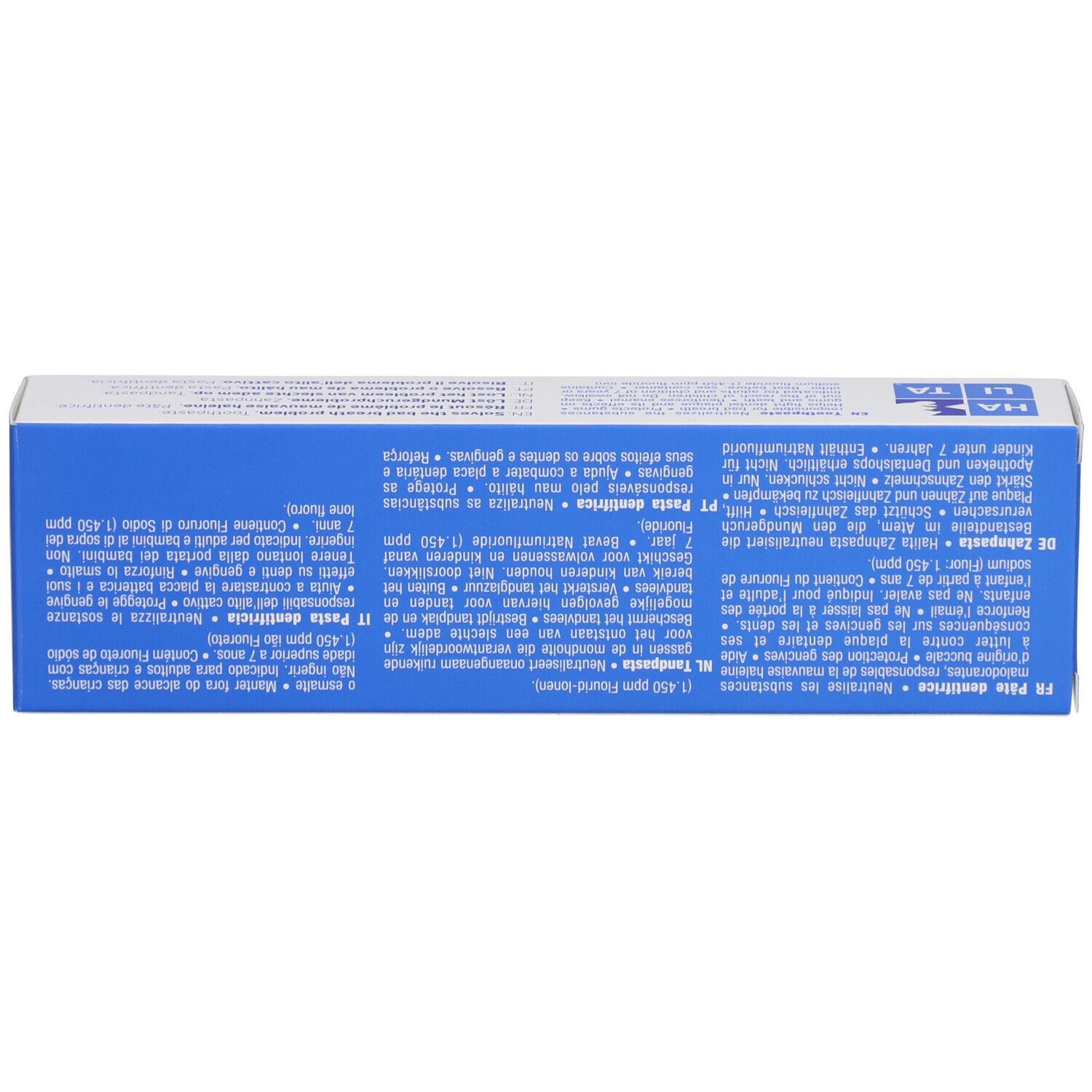 Boîte de dentifrice, vue de dessus. Texte multilingue, ingrédients, mode d'emploi. Fond bleu.