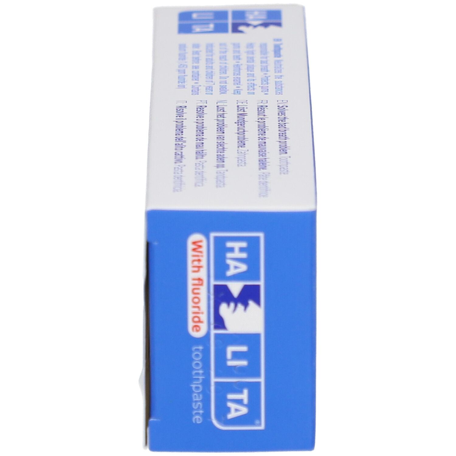 Boîte de dentifrice, vue latérale. Inscription HALITA, avec fluor. Texte et logos sur fond bleu.