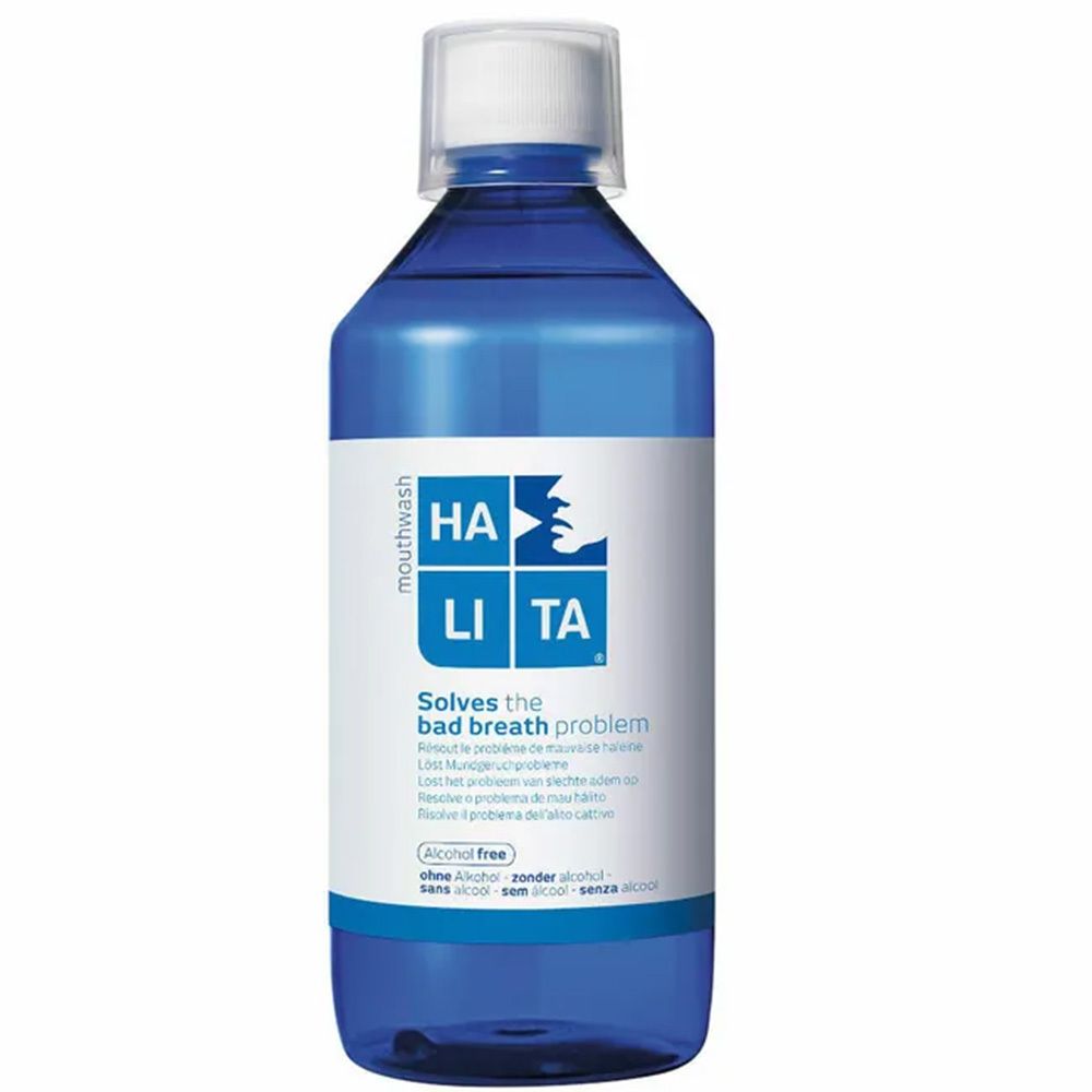 Bouteille bleue avec bouchon blanc. Étiquette avec logo HALITA et texte: Solves the bad breath problem. Sans alcool.