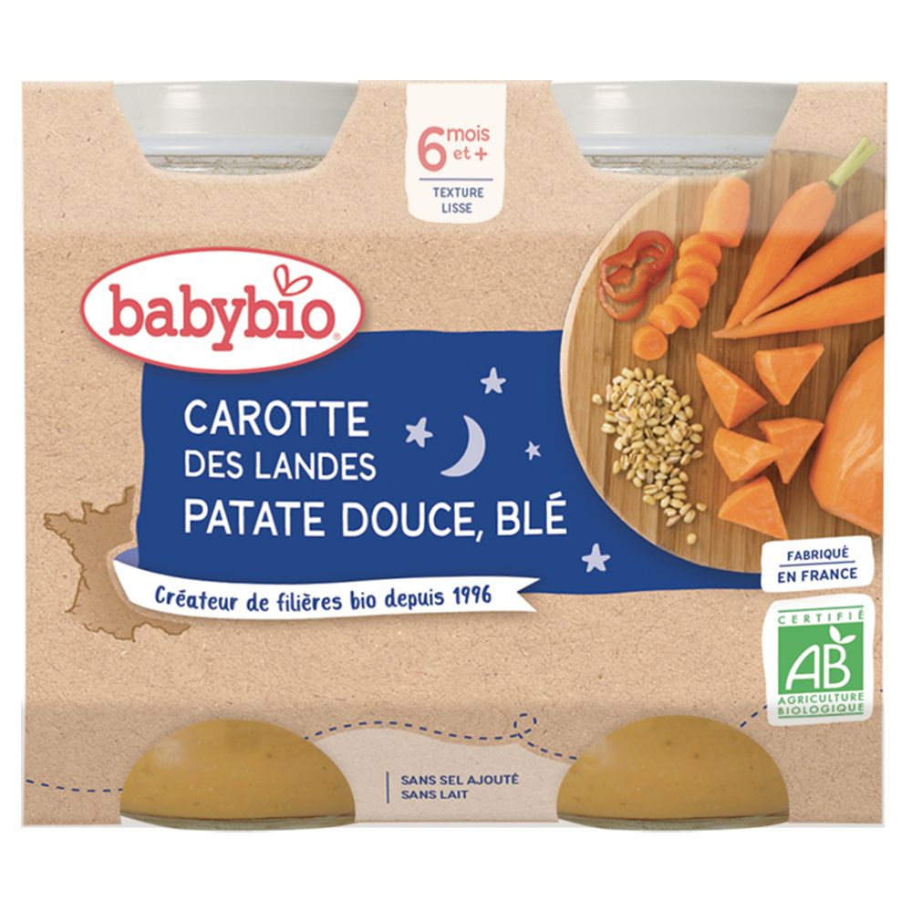 Emballage avec pots. Inscription: Carotte des Landes Patate Douce, Blé. Label AB. 6 mois et +.