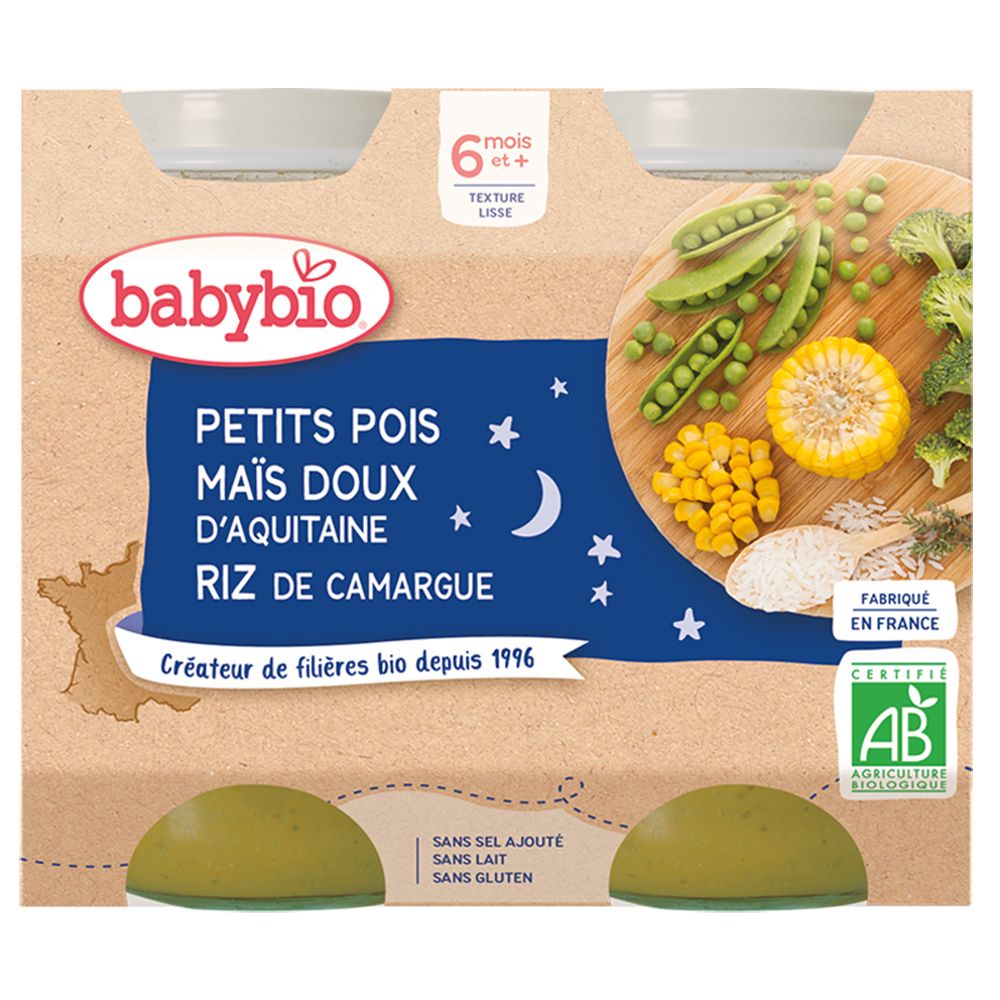 Babybio Petit pot Petits pois, Maïs doux d'Aquitaine, Riz de Camargue