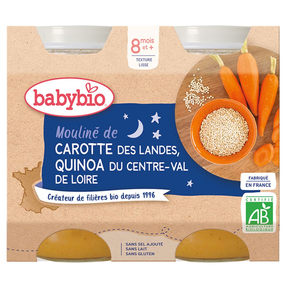 Babybio Mouliné DE Carotte DES Landes & Quinoa DU Centre-Val DE Loire dès 8 mois