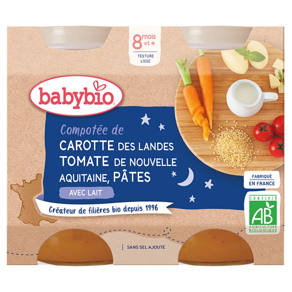 Pack de compotée Babybio carottes, tomates, pâtes. Avec lait, dès 8 mois. Certification bio.