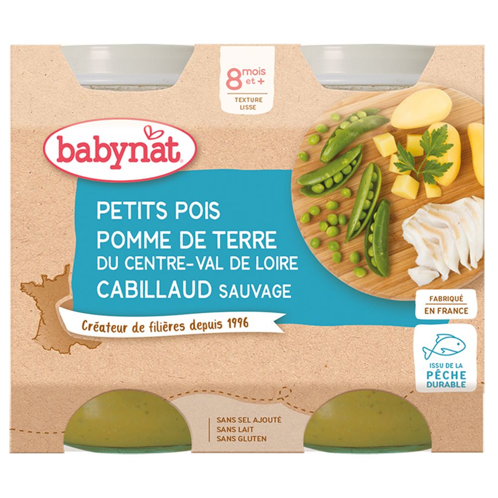 Emballage de 2 pots Babybio. Inscription du nom du produit et des ingrédients. Dès 8 mois.