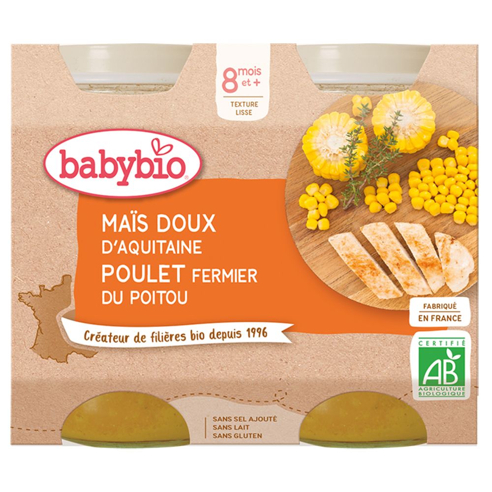Emballage Babybio. Maïs, poulet, dès 8 mois. Label AB. Texture lisse.