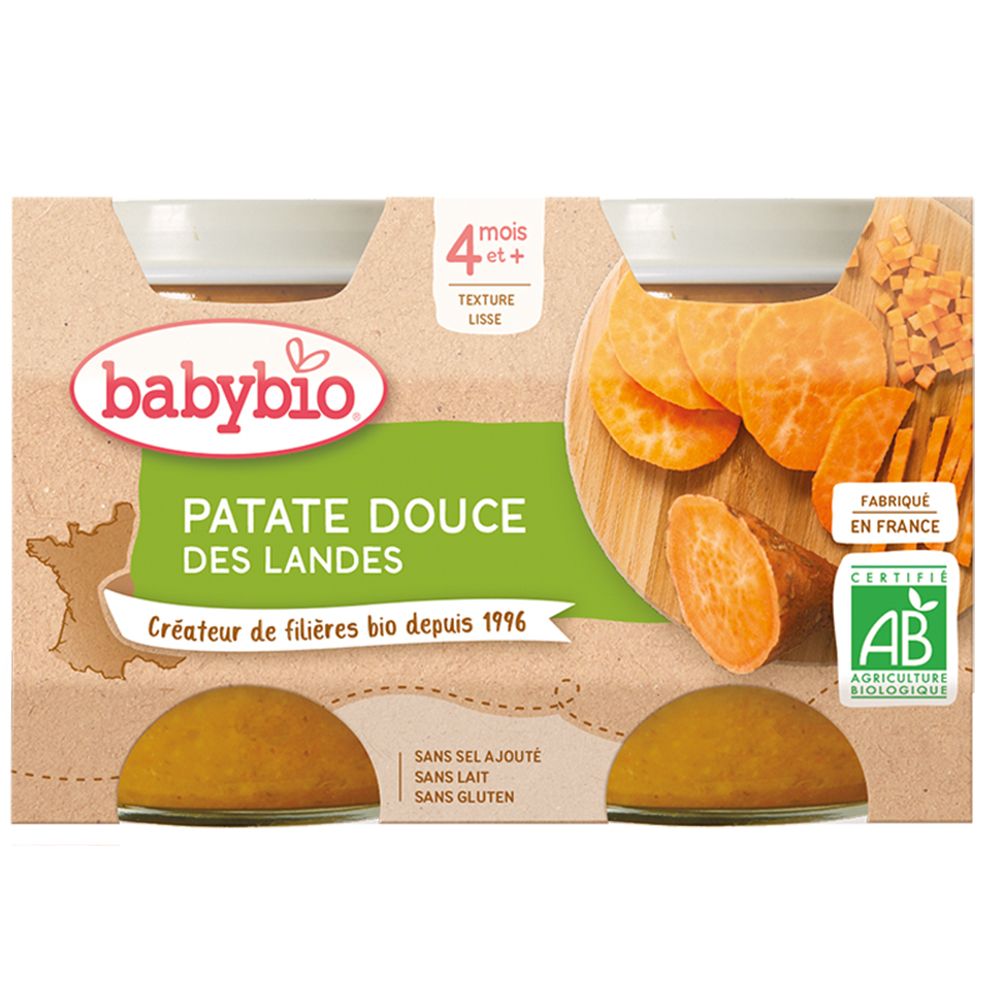 Babybio Patate Douce Des Landes, 4 Monate+, 4 Gläser. Bio-Zertifizierung. Kartoffelscheiben und Würfel.
