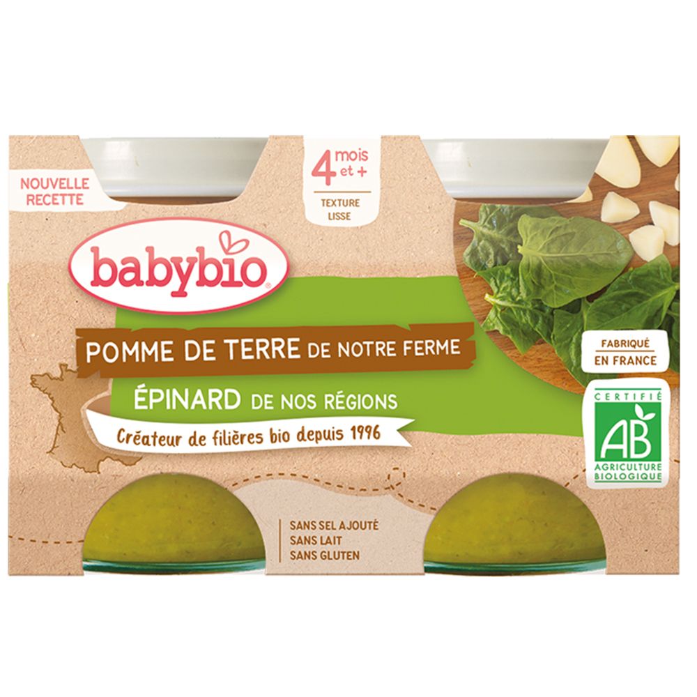 Verpackung mit vier Gläsern Babybio-Gemüsebrei. Aufschrift: Pomme de Terre, Épinard, ab 4 Monate. Bio-Siegel.