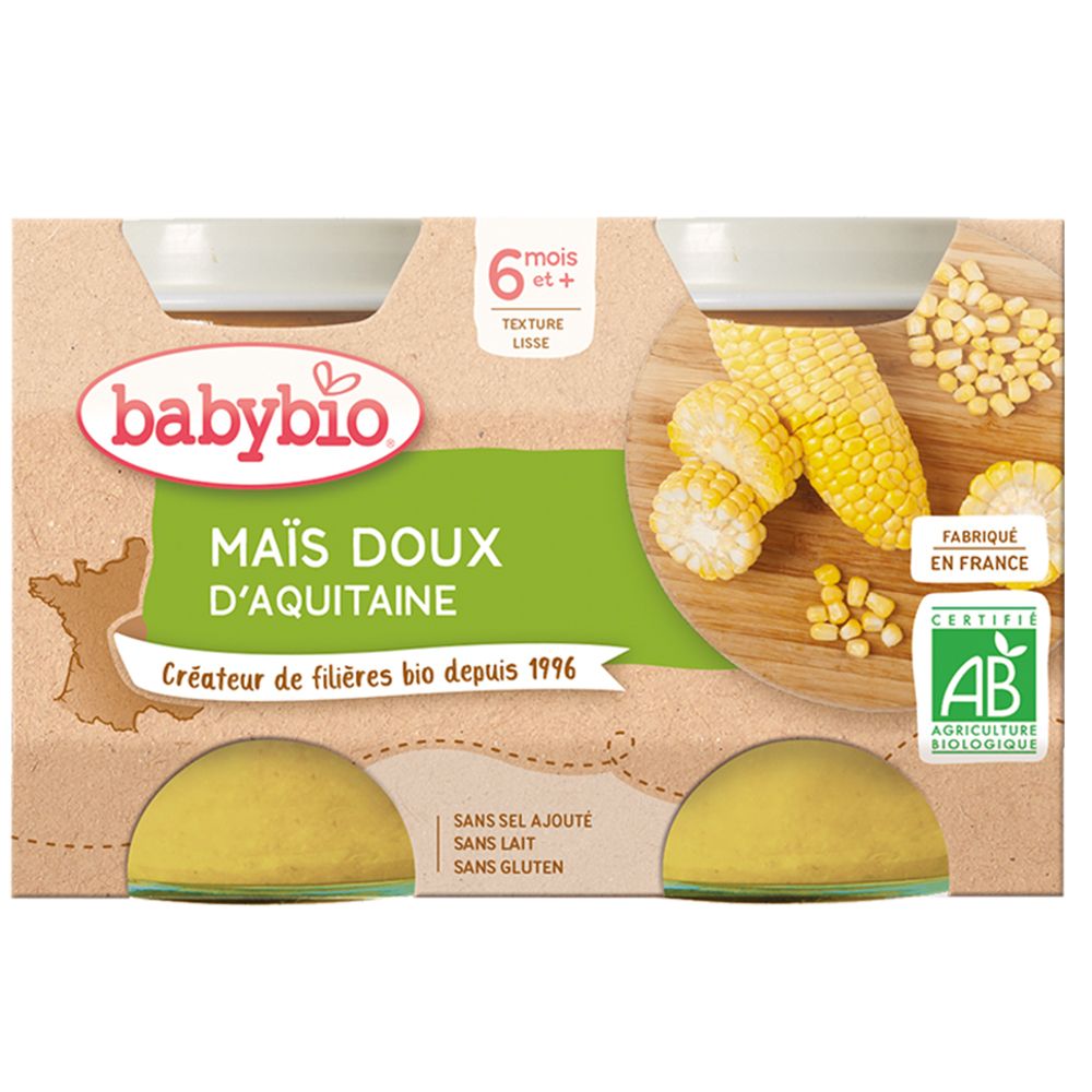 Babybio Mais-Püree, 6 Monate+. Verpackung mit 2 Gläsern und Maiskolben-Abbildung. AB-Bio-Siegel.