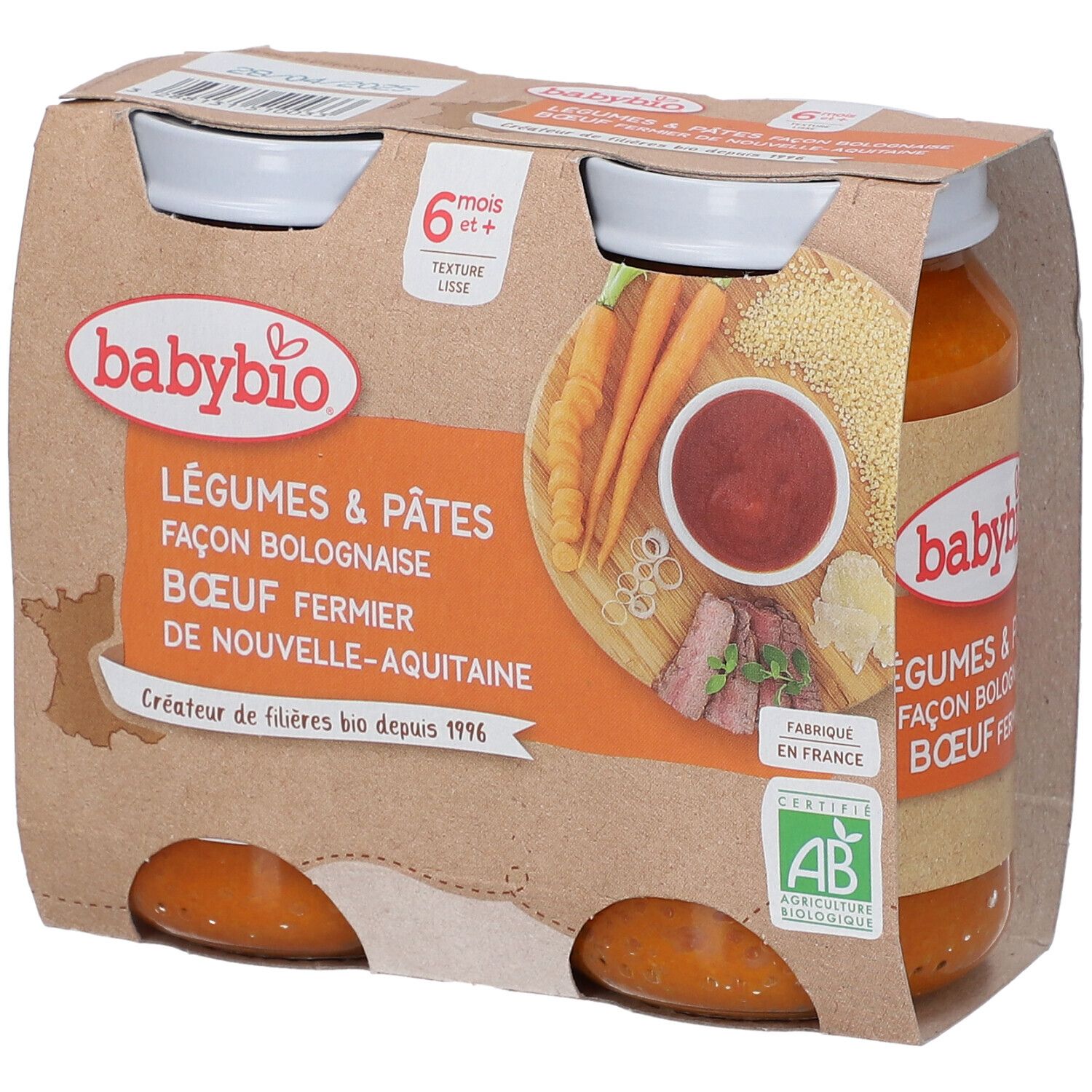 Babybio Menu Légumes & Pâtes façon bolognaise, bœuf fermier de Nouvele-Aquitaine