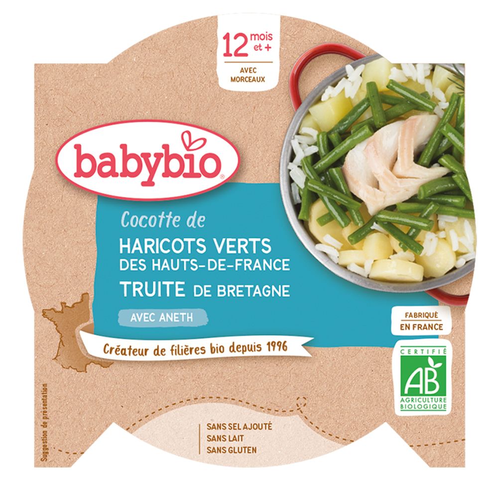 Babybio Cocotte DE Haricots Verts DES Hauts-De-France Truite DE Bretagne À L'aneth dès 12 mois