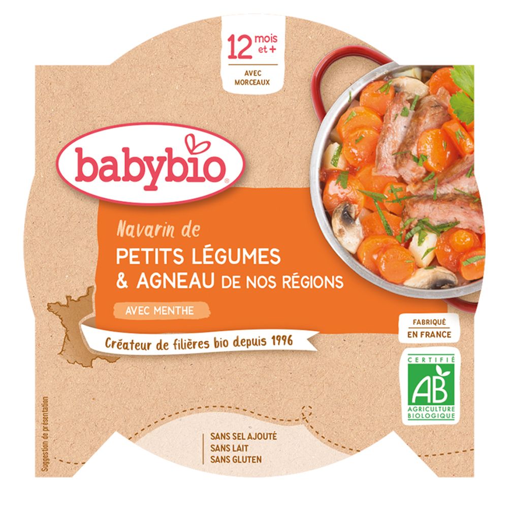 Produit Babybio. Inscription du nom et des ingrédients. Certification AB Bio. Sans sel ajouté, sans lait, sans gluten.