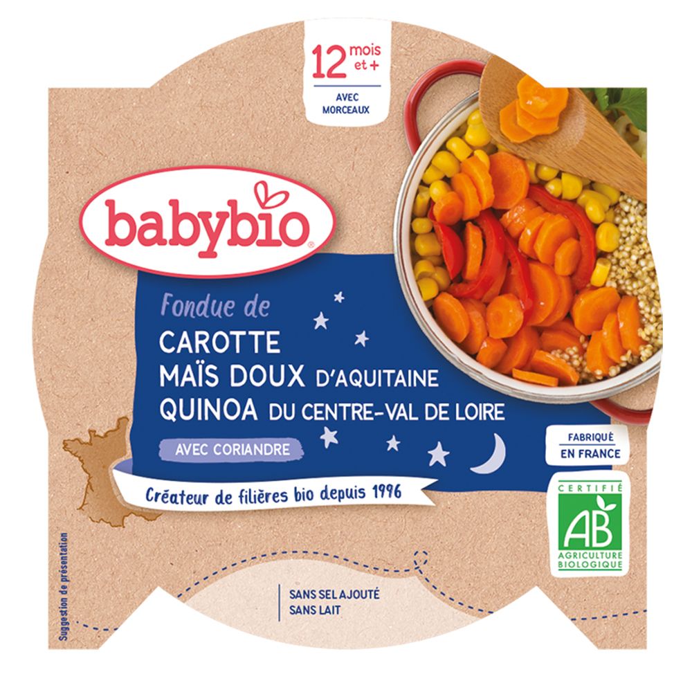Babybio Fondue DE Carotte Maïs Doux D'aquitaine Quinoa DU Centre-Val DE Loire À LA Coriandre dès 12 