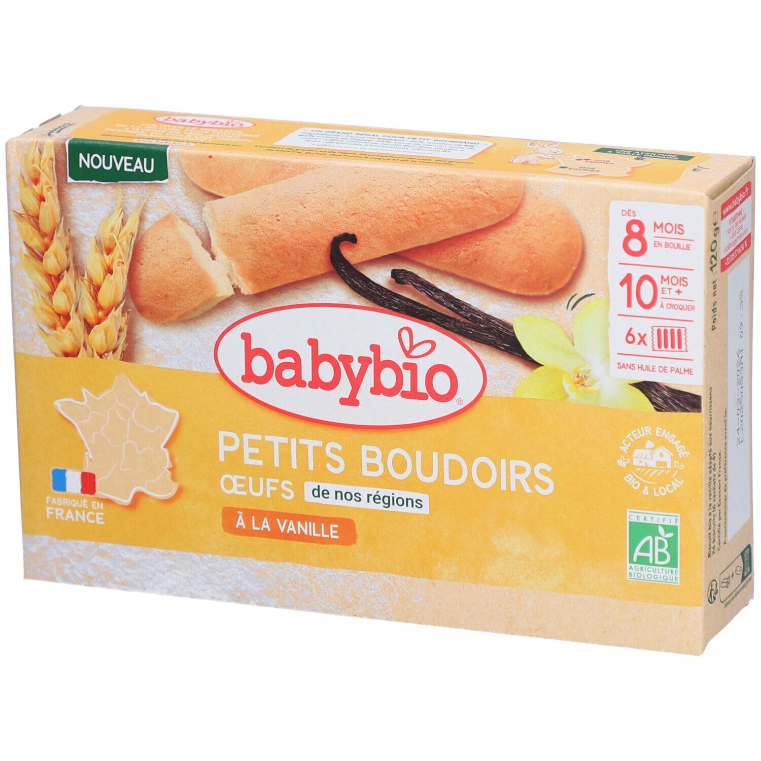 Verpackung mit Babybio Petits Boudoirs à la Vanille. Aufschrift: 8+ Monate, 10+ Monate, 6x. Mit Vanille und AB-Siegel.
