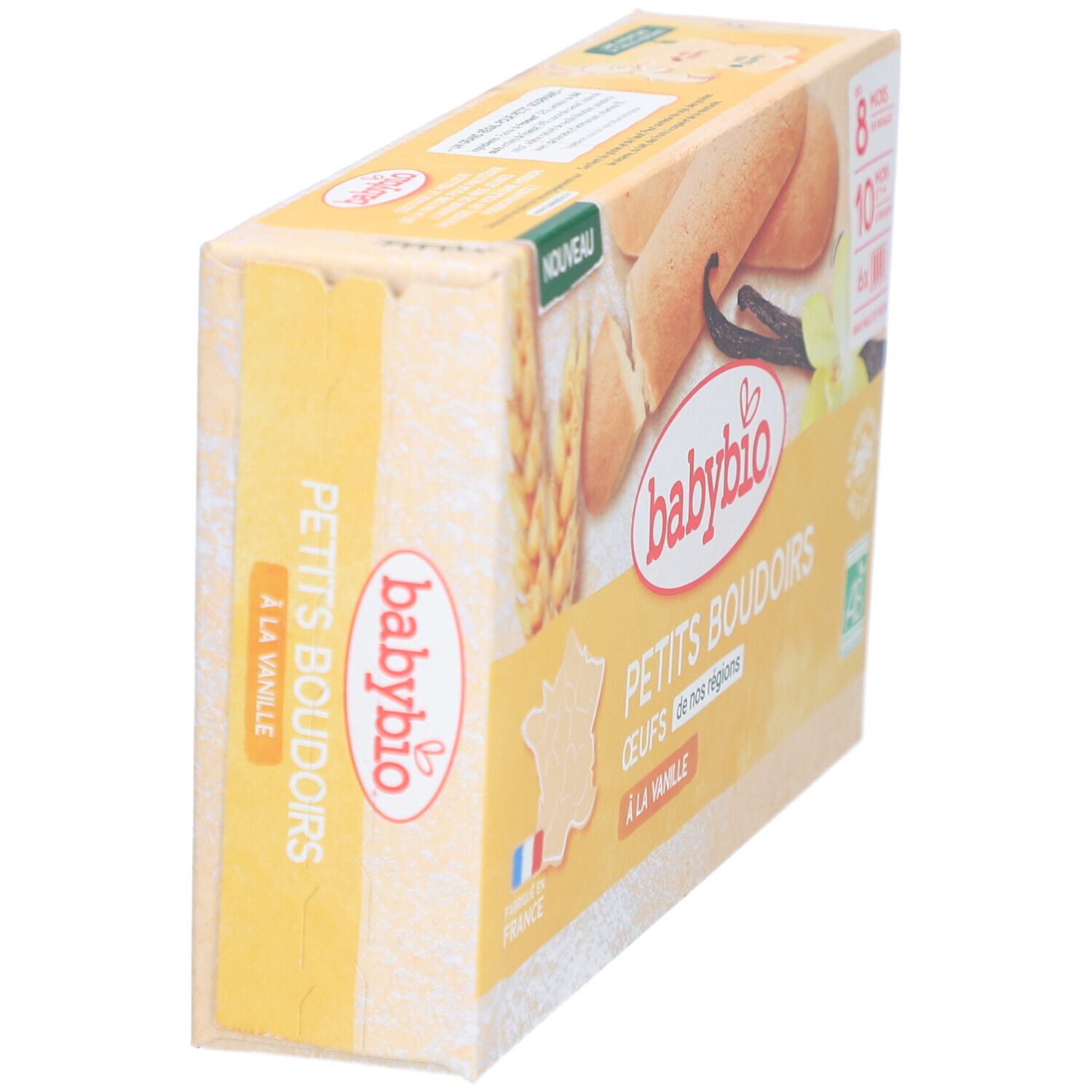 Babybio Petits Boudoirs à la Vanille Verpackung. Aufschrift: Petits Boudoirs, à la Vanille. Mit AB-Siegel und Frankreich-Flagge.