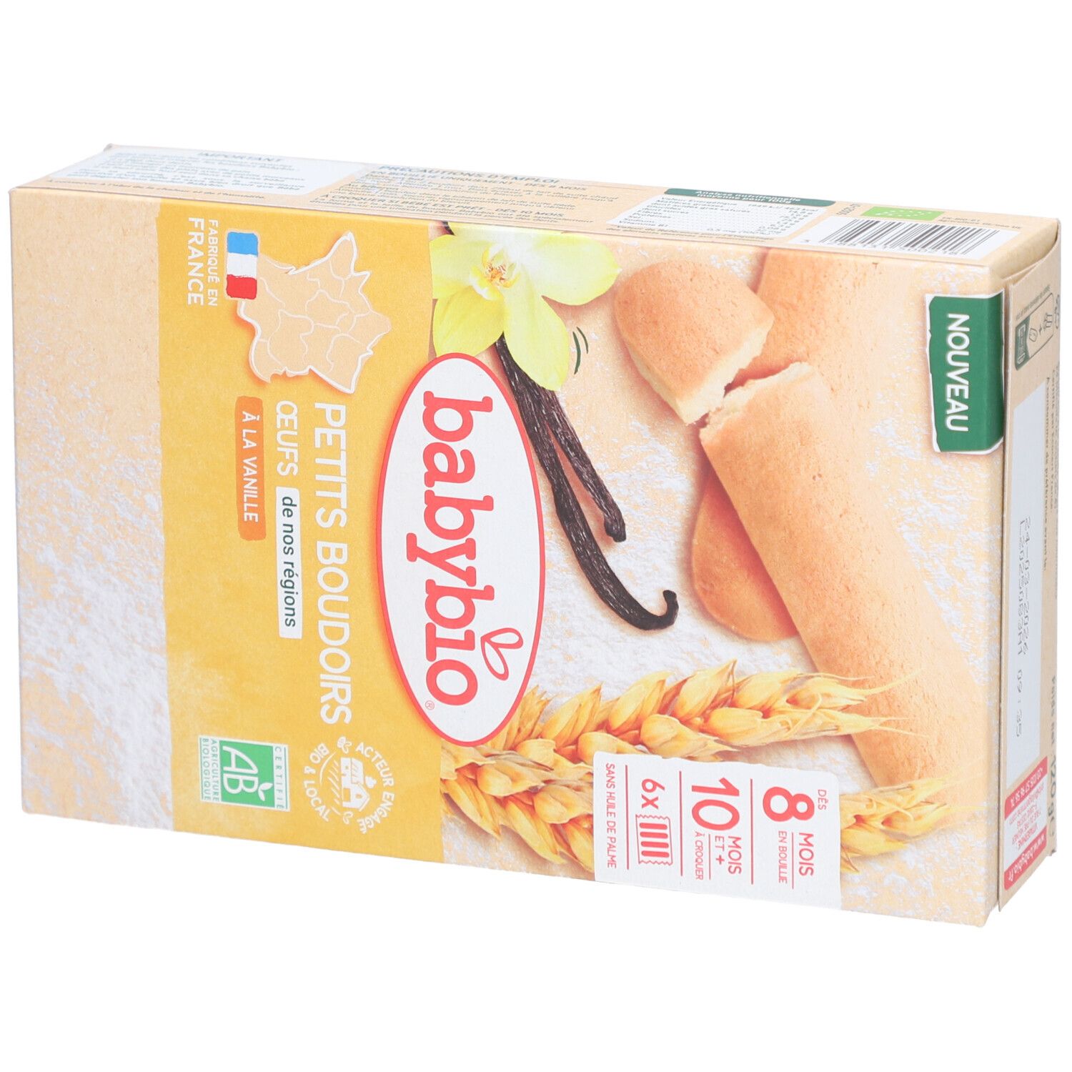 Verpackung mit Babybio Petits Boudoirs à la Vanille. Aufschrift: 8+ Monate, 10+ Monate, 6x. Mit Vanille und AB-Siegel.