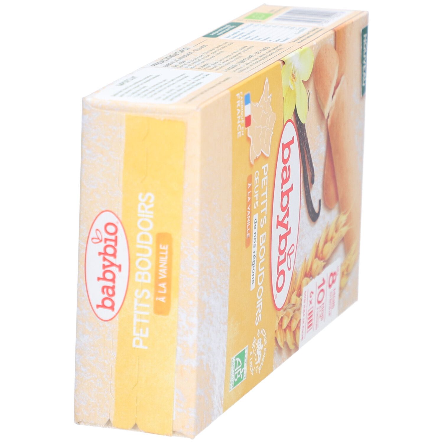 Babybio Petits Boudoirs à la Vanille Verpackung. Aufschrift: Petits Boudoirs, à la Vanille. Mit AB-Siegel und Frankreich-Flagge.