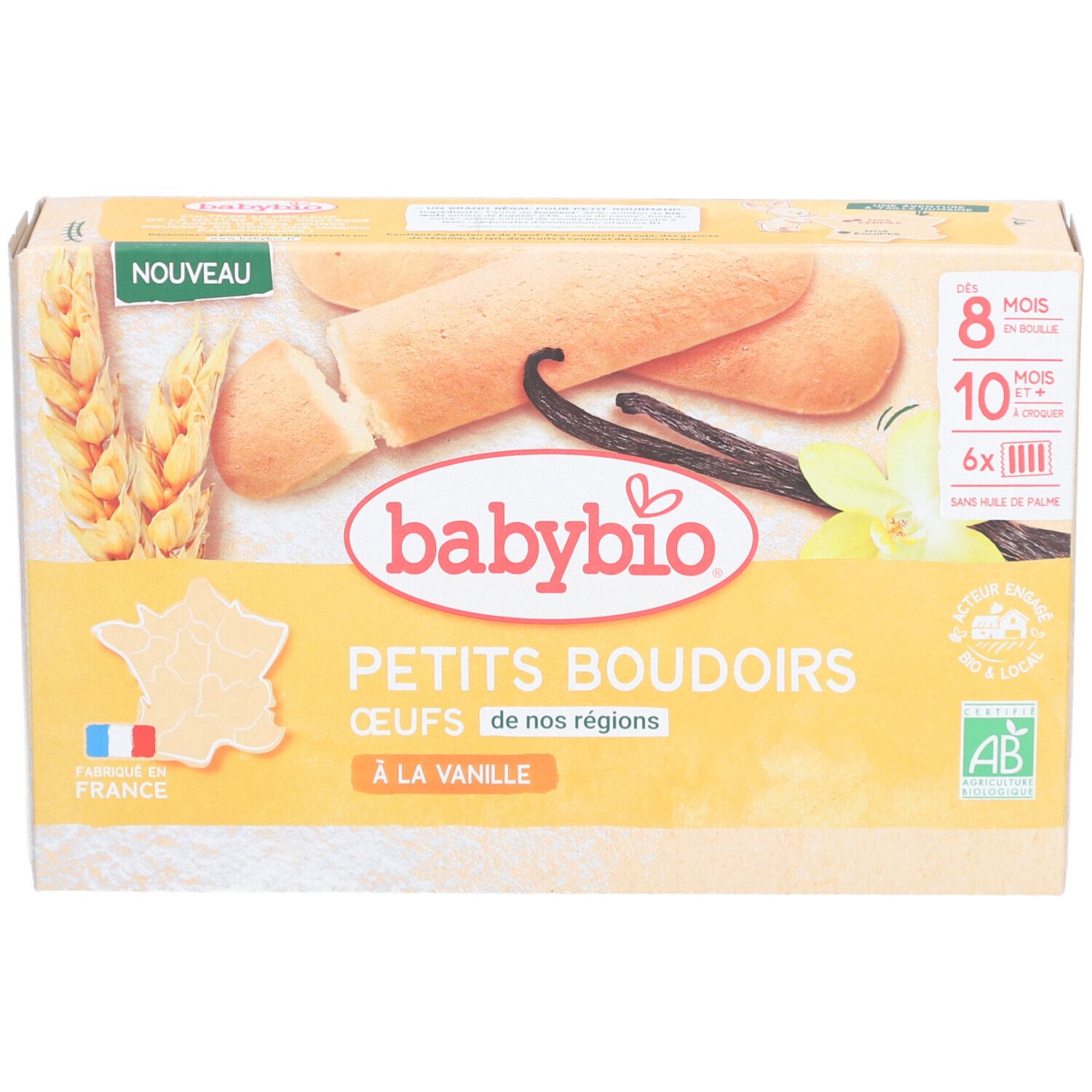 Verpackung mit Babybio Petits Boudoirs à la Vanille. Aufschrift: 8+ Monate, 10+ Monate, 6x. Mit Vanille und AB-Siegel.