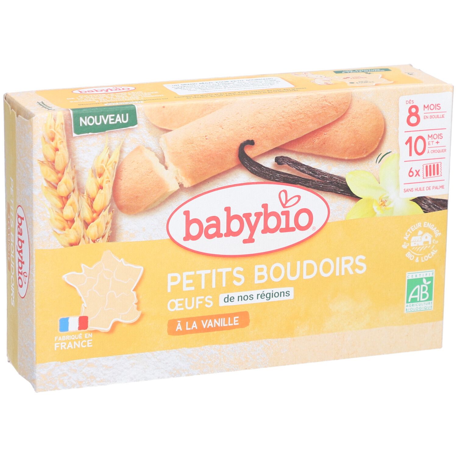 Verpackung mit Babybio Petits Boudoirs à la Vanille. Aufschrift: 8+ Monate, 10+ Monate, 6x. Mit Vanille und AB-Siegel.