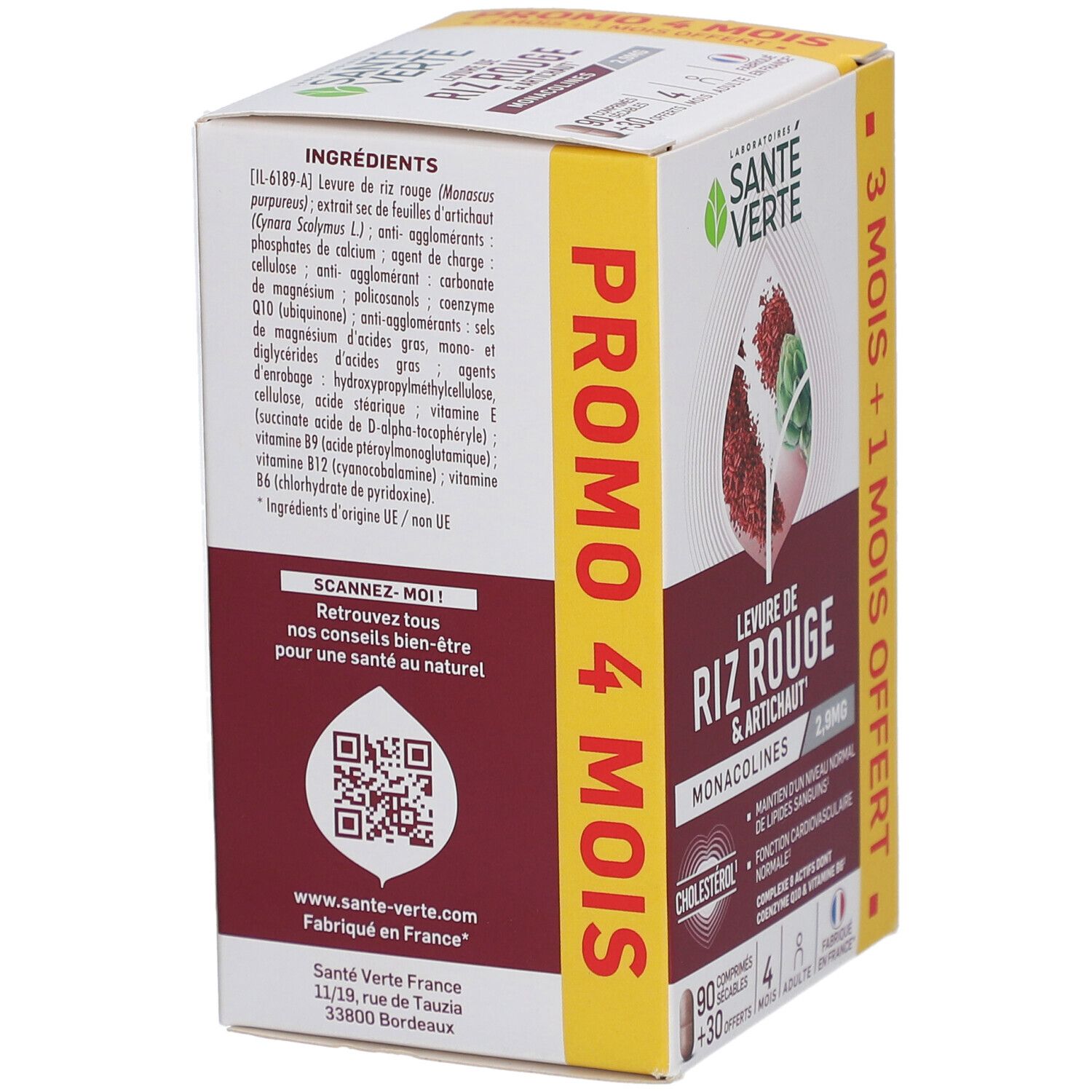 Dos de la boîte Santé Verte Levure de Riz Rouge & Artichaut. Contient liste des ingrédients, QR code et informations fabricant.