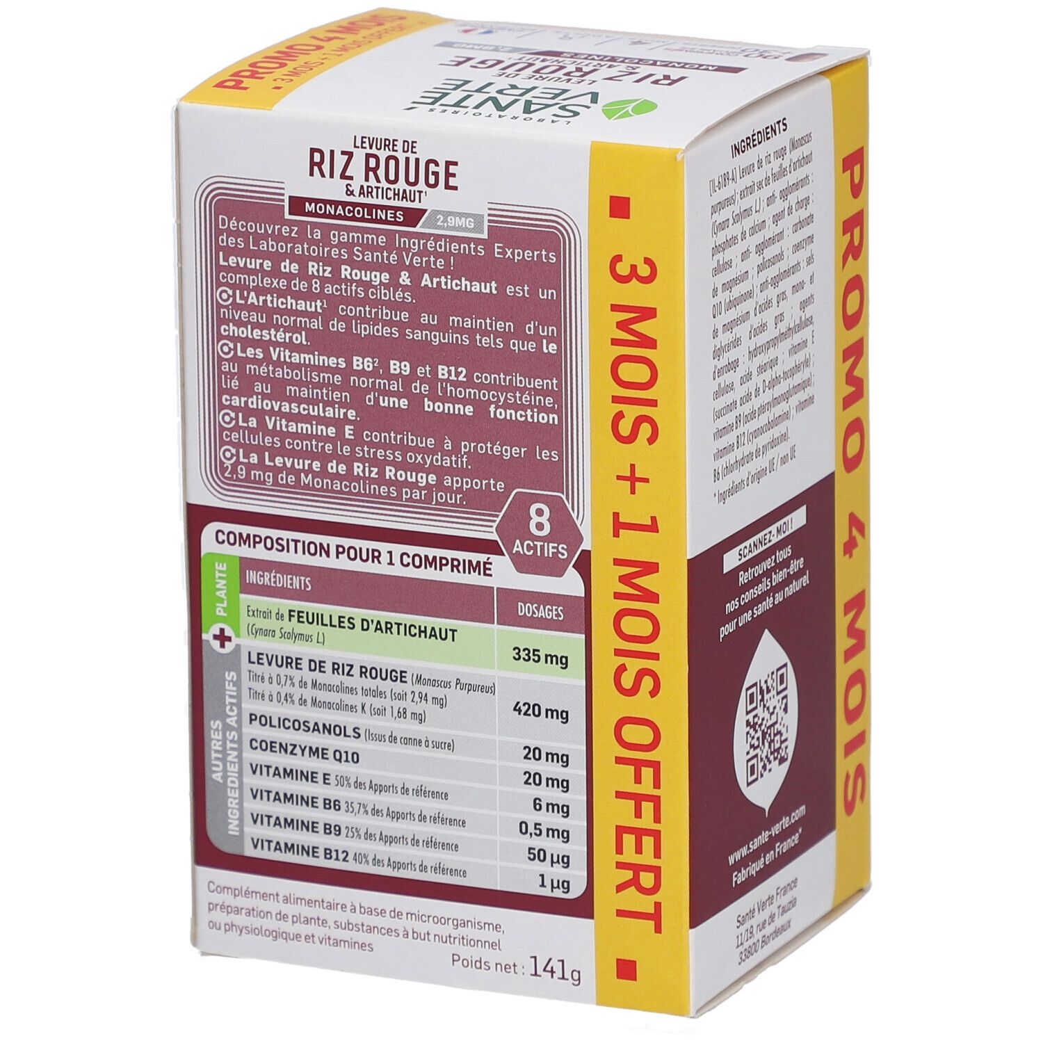 Côté de la boîte Santé Verte Levure de Riz Rouge & Artichaut. Contient informations sur les ingrédients et les dosages.