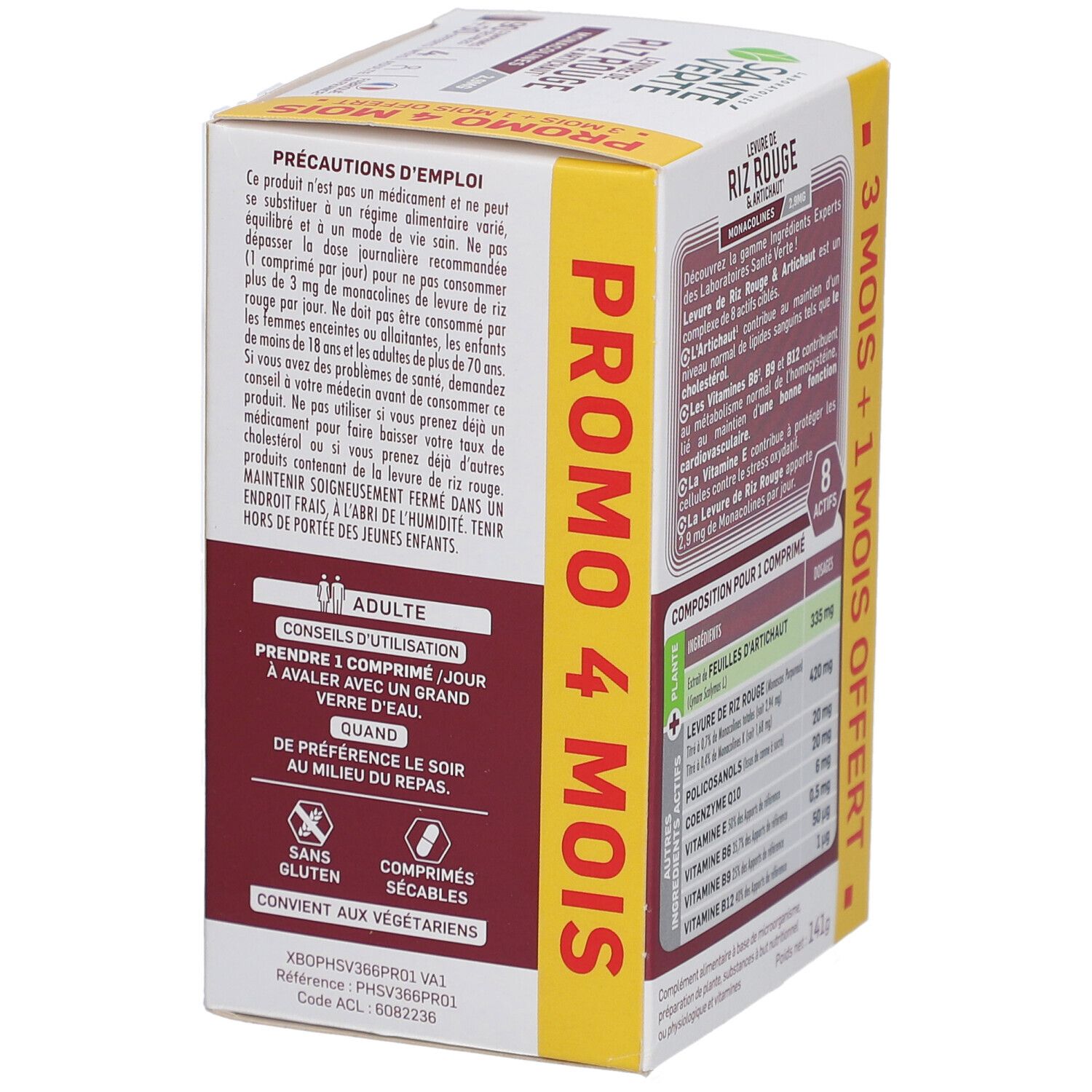 Côté de la boîte Santé Verte Levure de Riz Rouge & Artichaut. Contient conseils d'utilisation et avertissements.