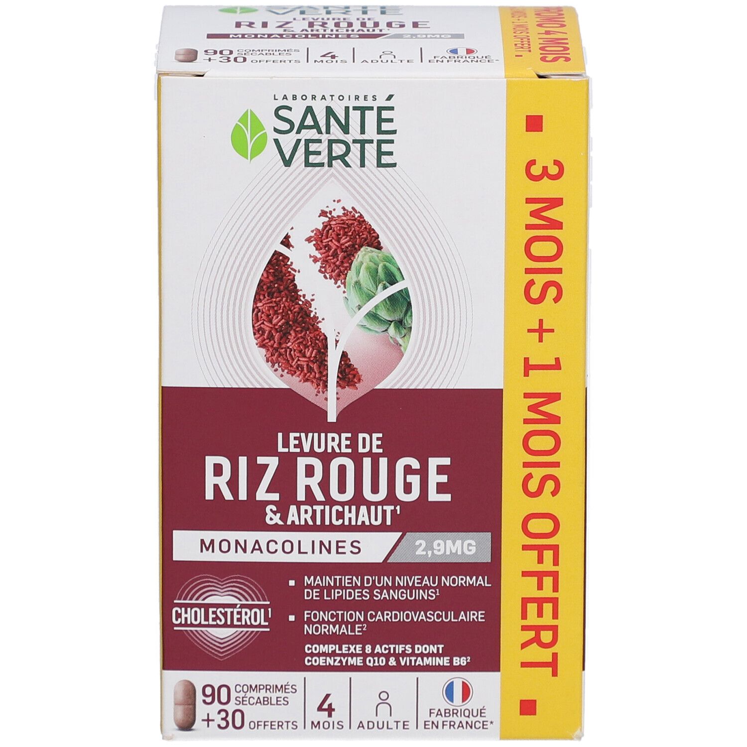 Face avant de la boîte Santé Verte Levure de Riz Rouge & Artichaut. Affiche l'image du produit et les informations sur les ingrédients.