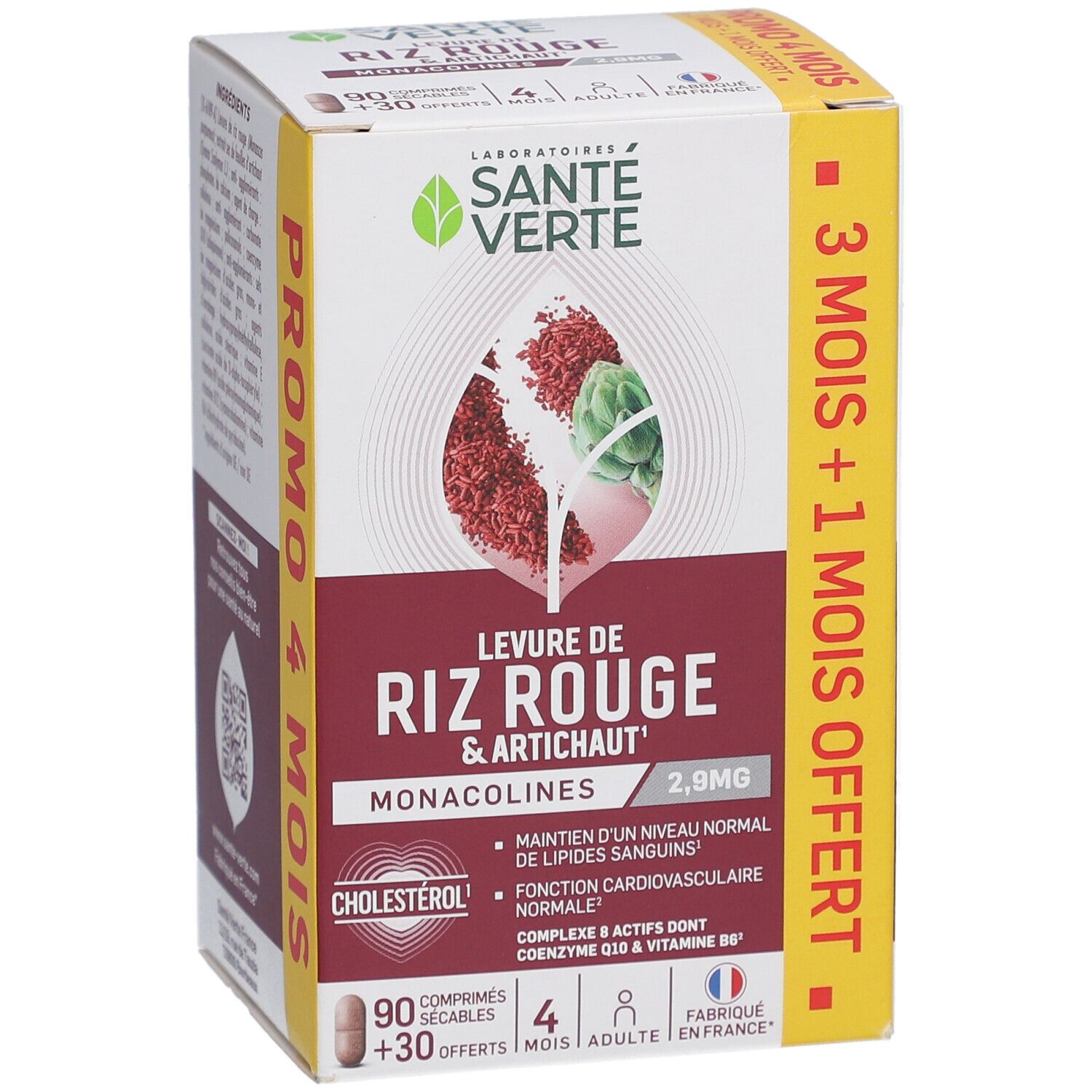 Face avant de la boîte Santé Verte Levure de Riz Rouge & Artichaut. Affiche l'image du produit et les informations sur les ingrédients.