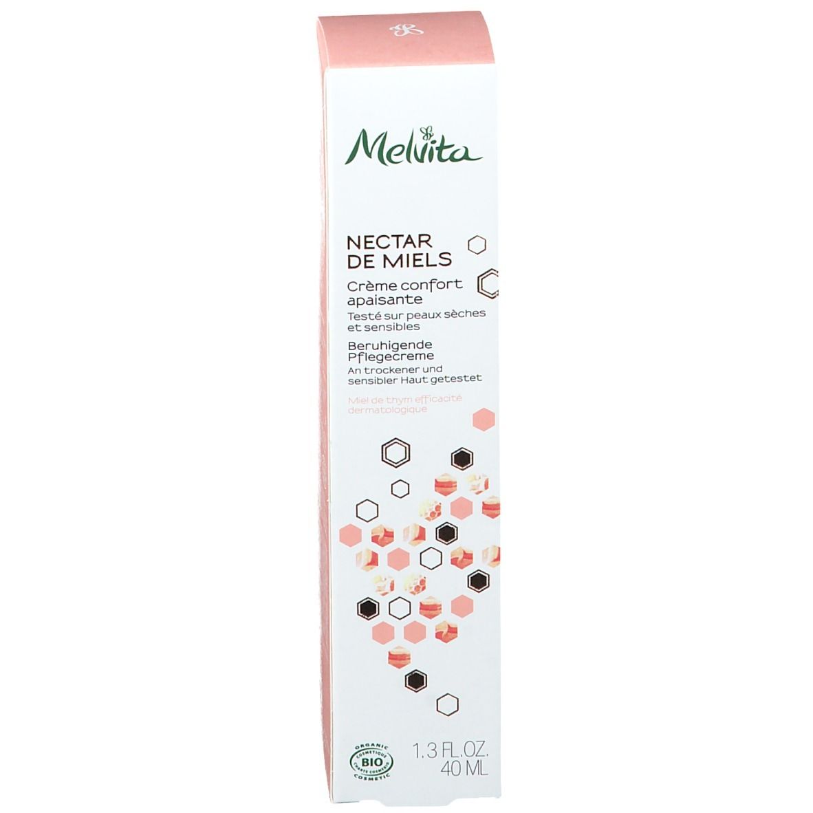 Schachtel mit Creme-Tube. Aufschrift: Nectar de Miels, Crème confort apaisante. 40ml. Logo.