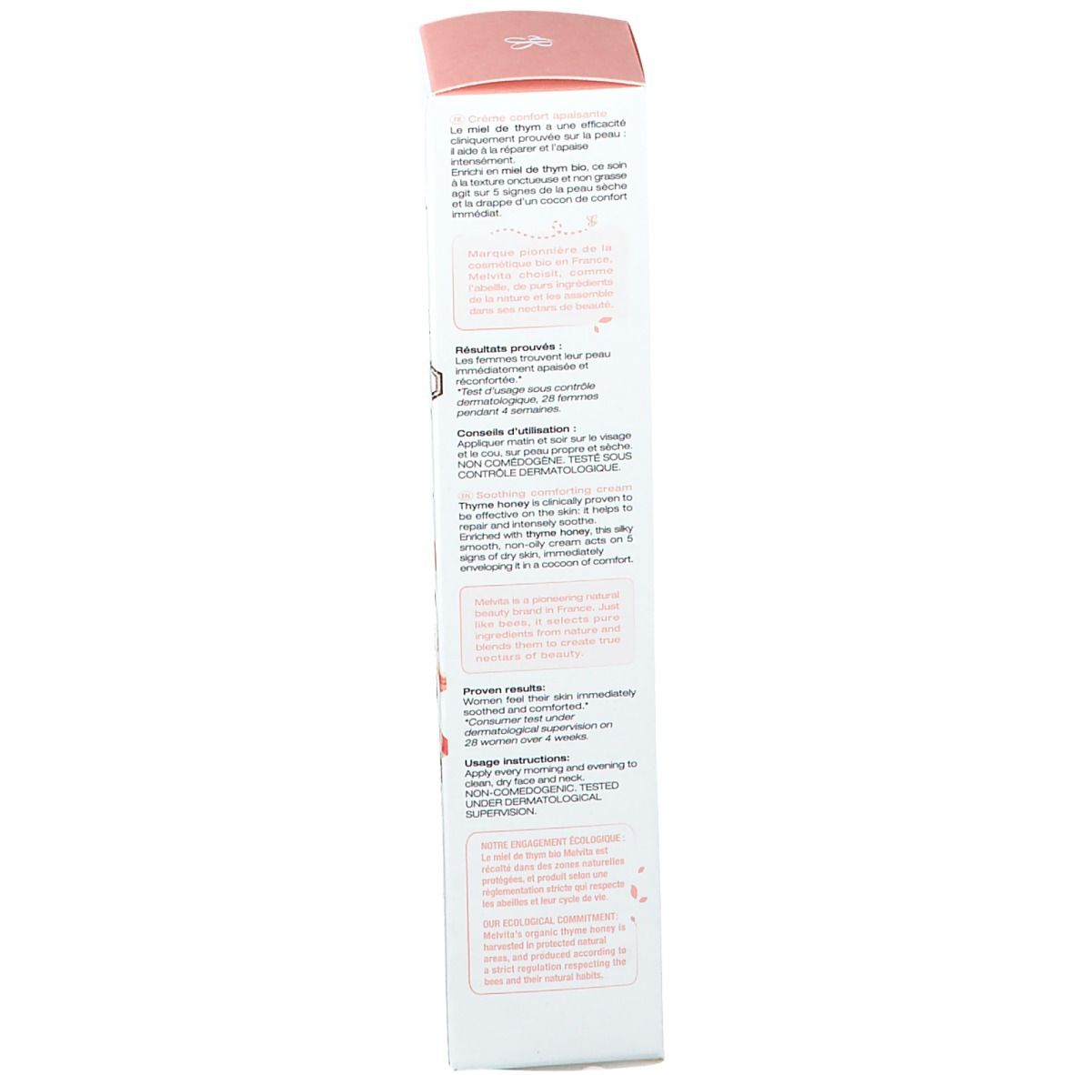 Schachtel mit Text in mehreren Sprachen. Aufschrift: Nectar de Miels. Logo. Rosa und weiß.