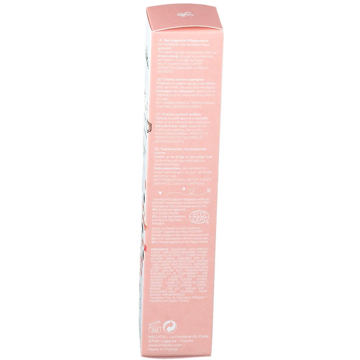 Schachtel mit Text in mehreren Sprachen. Logo von Ecocert. Rosa und weiß.