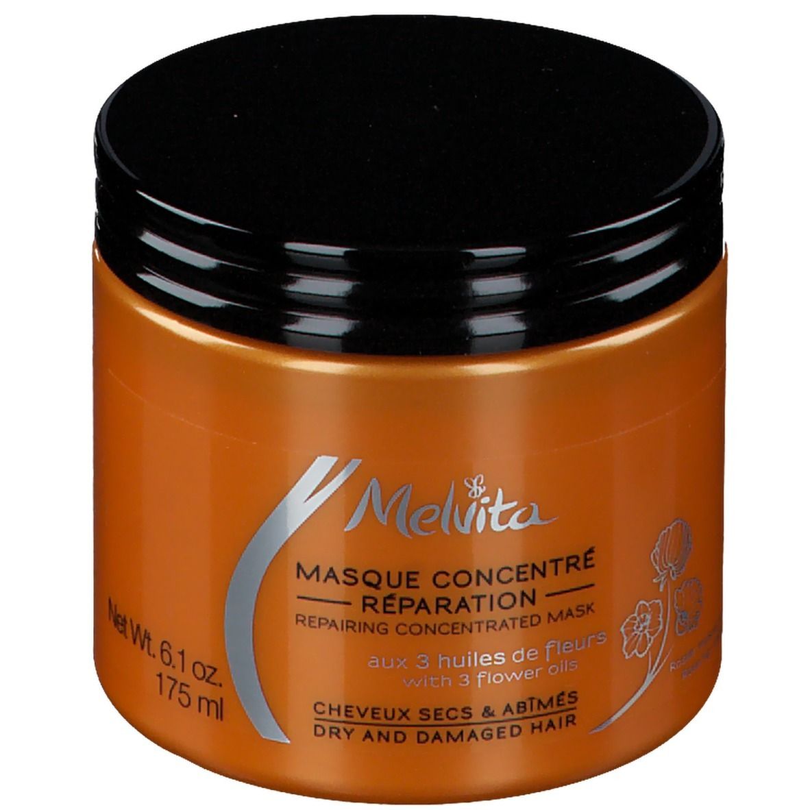 Pot orange avec couvercle noir. Inscription: Melvita, Masque concentré Réparation, pour cheveux secs et abîmés.